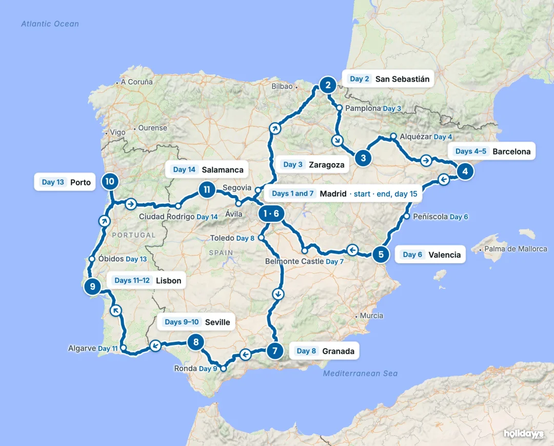 Map of the route, with each hotel stay numbered in order: 1 Madrid, 2 San Sebastián, 3 Zaragoza, 4 Barcelona, 5 Valencia, 6 Madrid, 7 Granada, 8 Seville, 9 Lisbon, 10 Porto, 11 Salamanca.