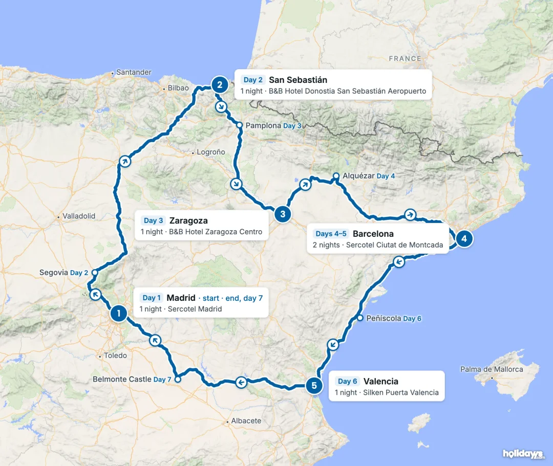 Map of the route, with each hotel stay numbered in order: 1 Madrid, 2 San Sebastián, 3 Zaragoza, 4 Barcelona, 5 Valencia.