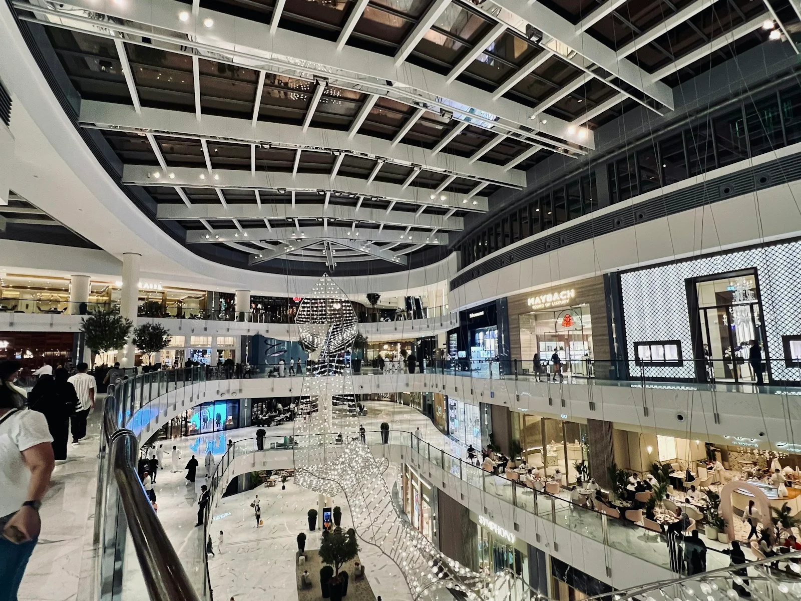 Shoppers walking through a sunlit atrium in The Dubai Mall