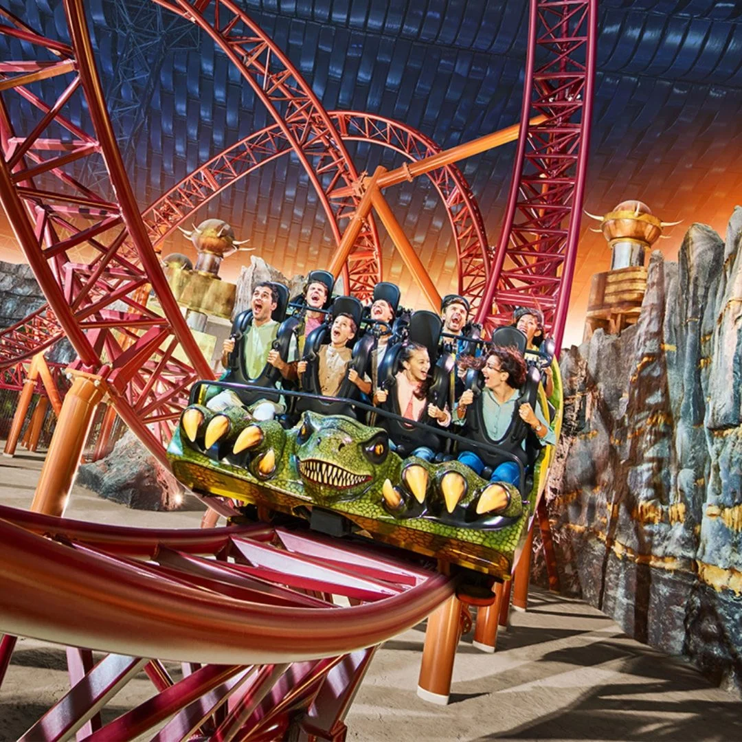 A dinosaur-themed roller coaster in IMG Worlds of Adventure's Lost Valley zone