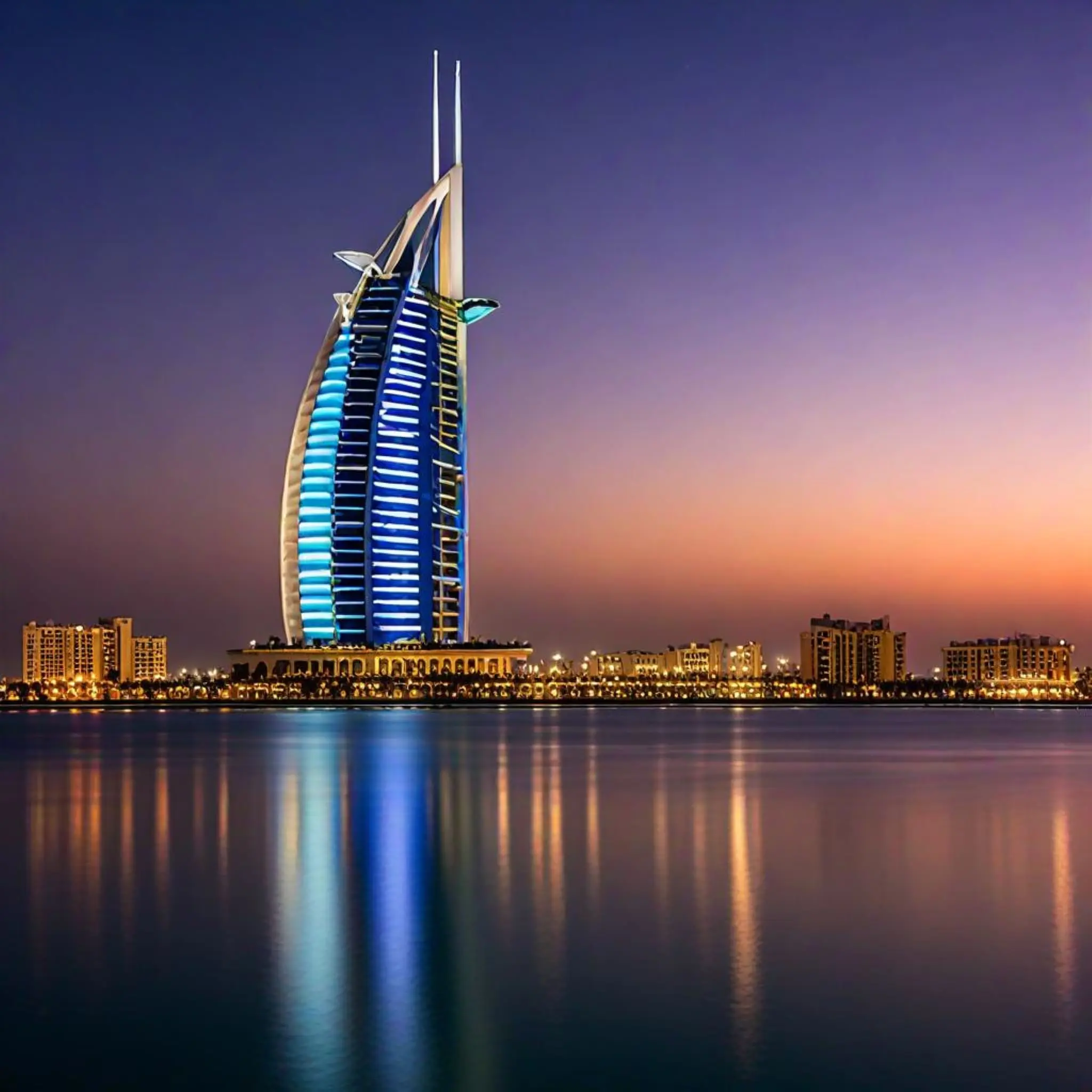 The Burj Al Arab illuminated at dusk, seen across the water
