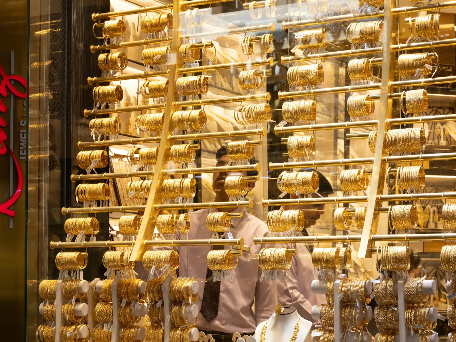 Rows of gold bangles in a Dubai jeweller's window