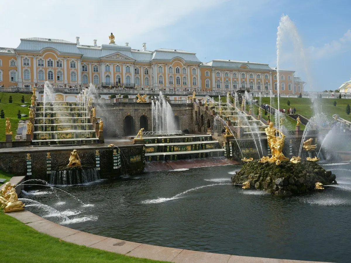 The Grand Cascade fountains below the Grand Palace at Peterhof