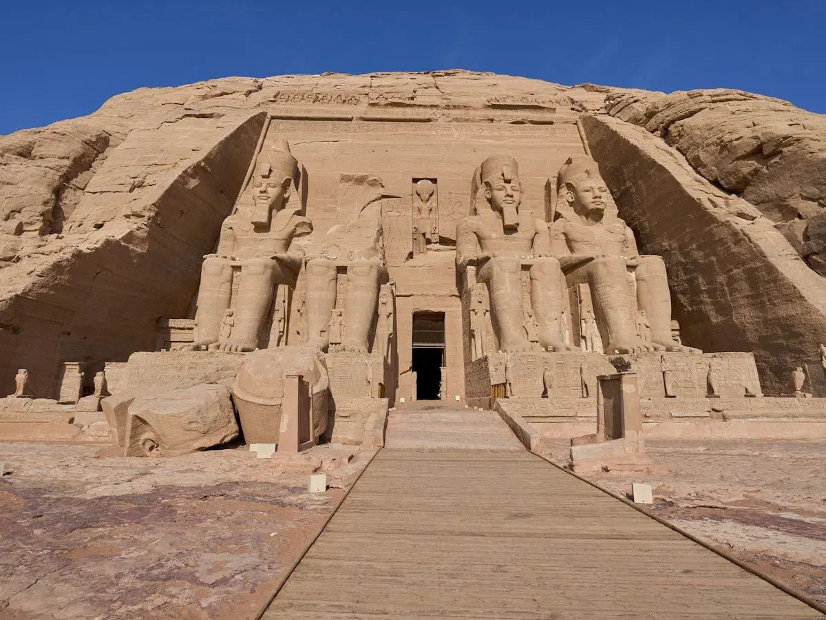 The Great Temple of Ramesses II at Abu Simbel, its four seated colossi cut into the cliff