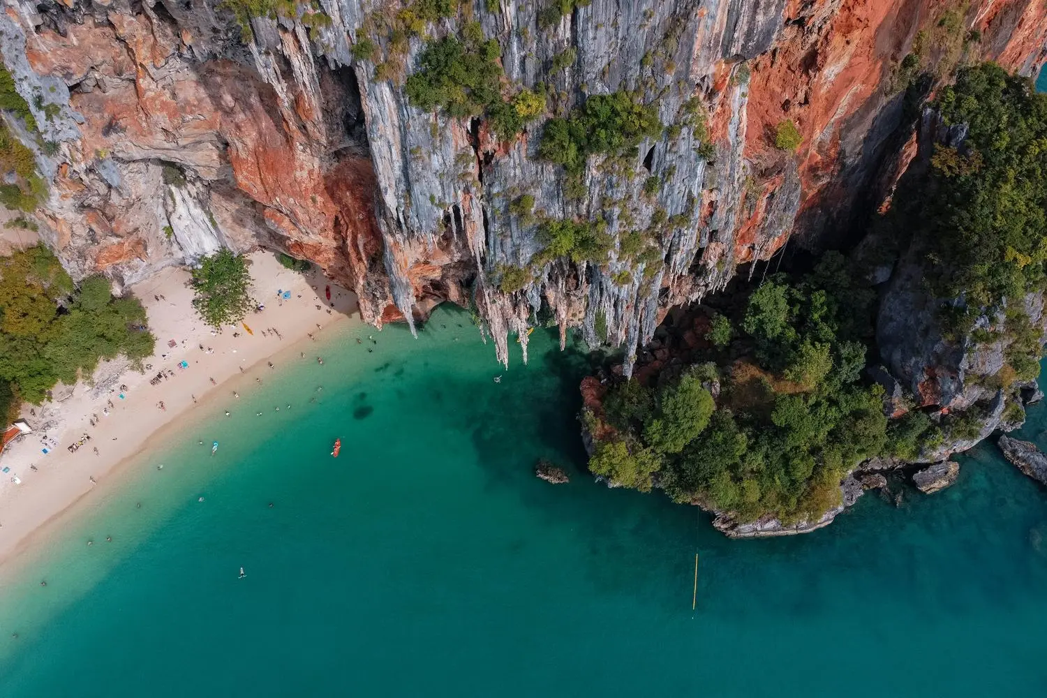 Railay, Krabi, from the air: limestone cliffs between two bays