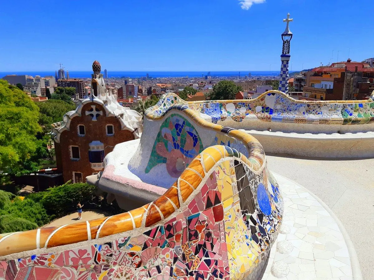 The mosaic bench and terraces of Park Güell in Barcelona