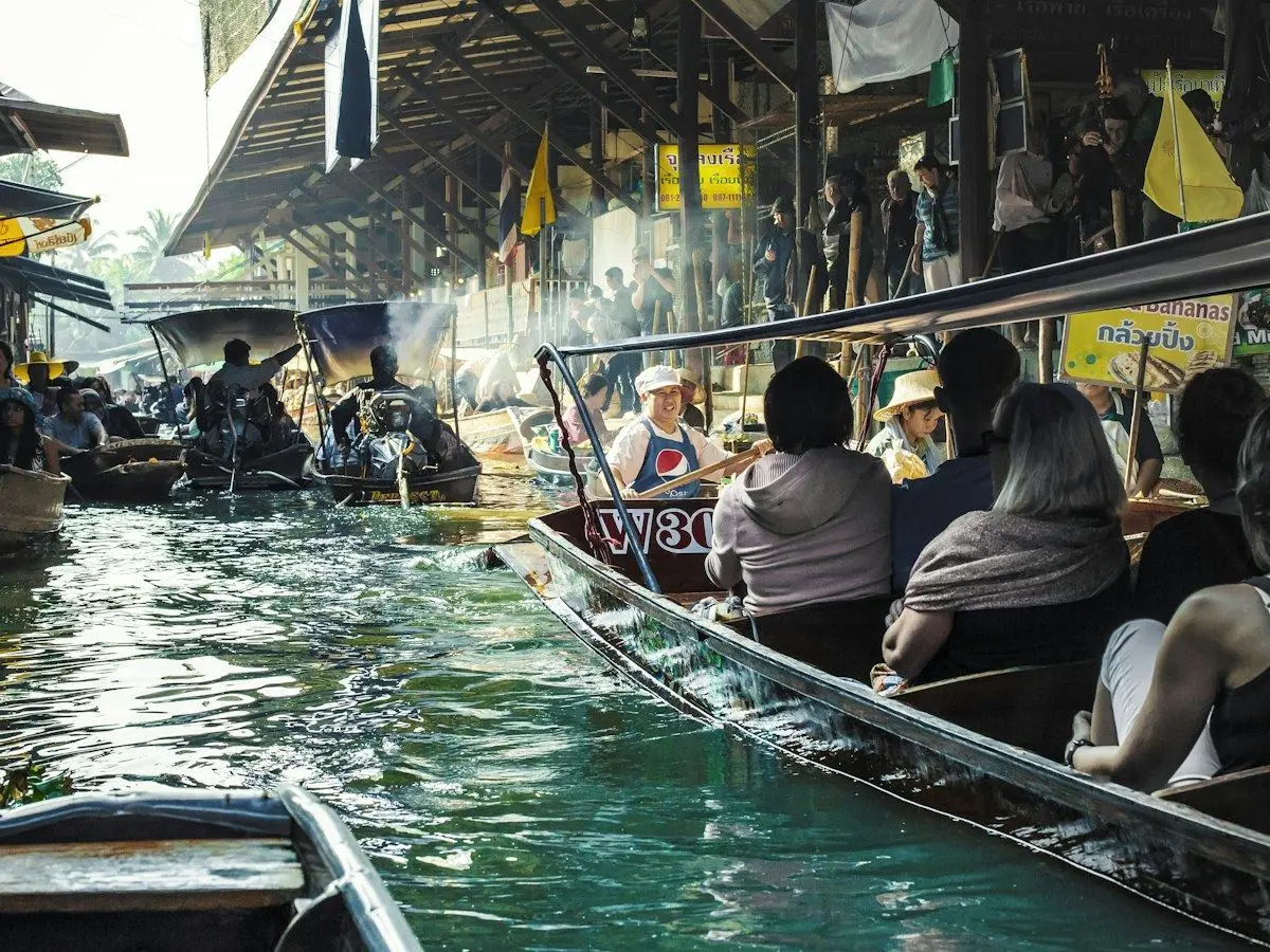 Boats on a canal at Damnoen Saduak Floating Market