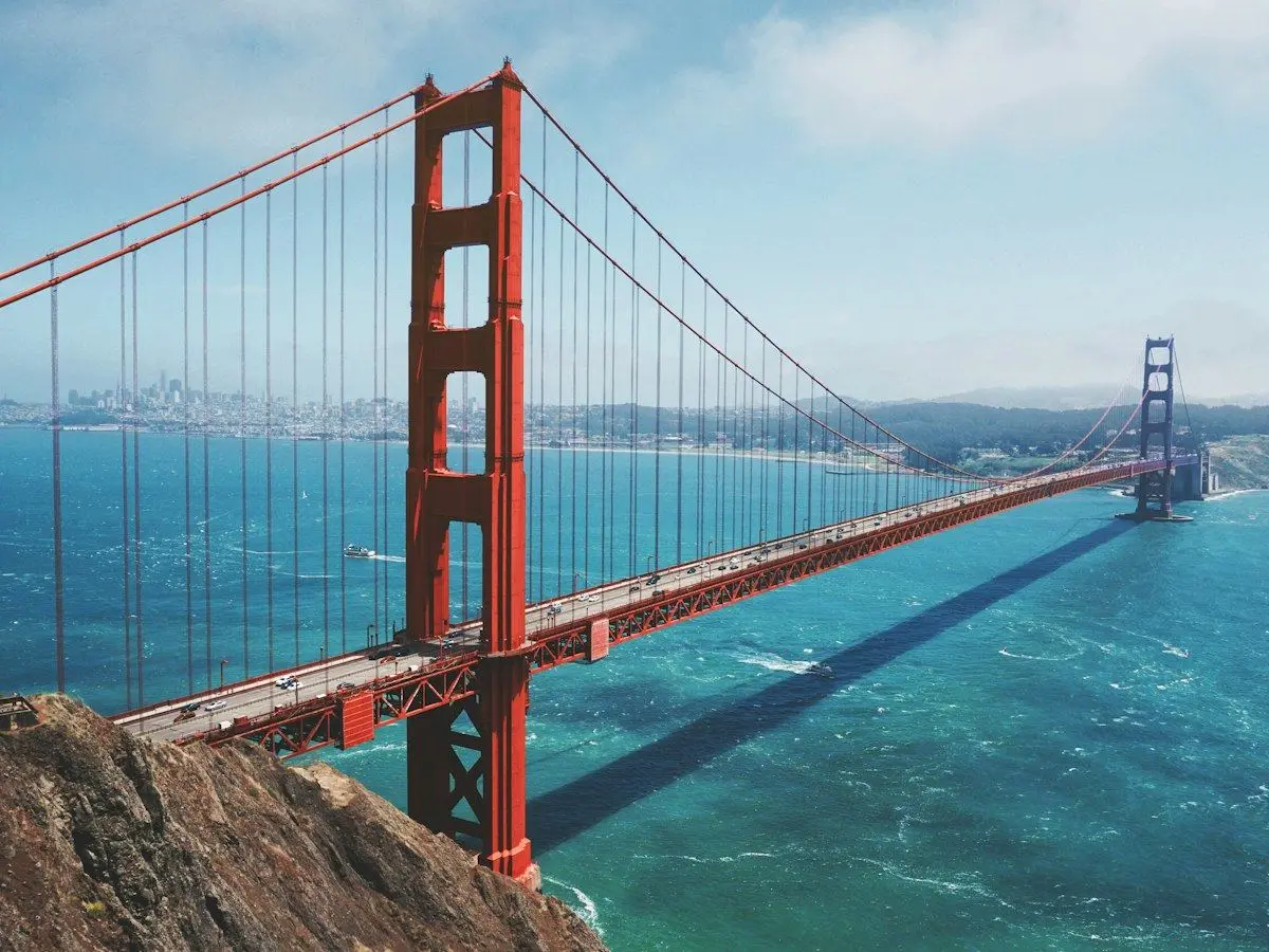 The Golden Gate Bridge over the blue water of San Francisco Bay