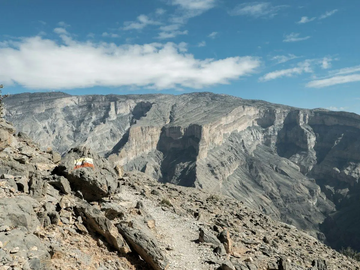 A rocky trail on Jebel Shams above a deep canyon