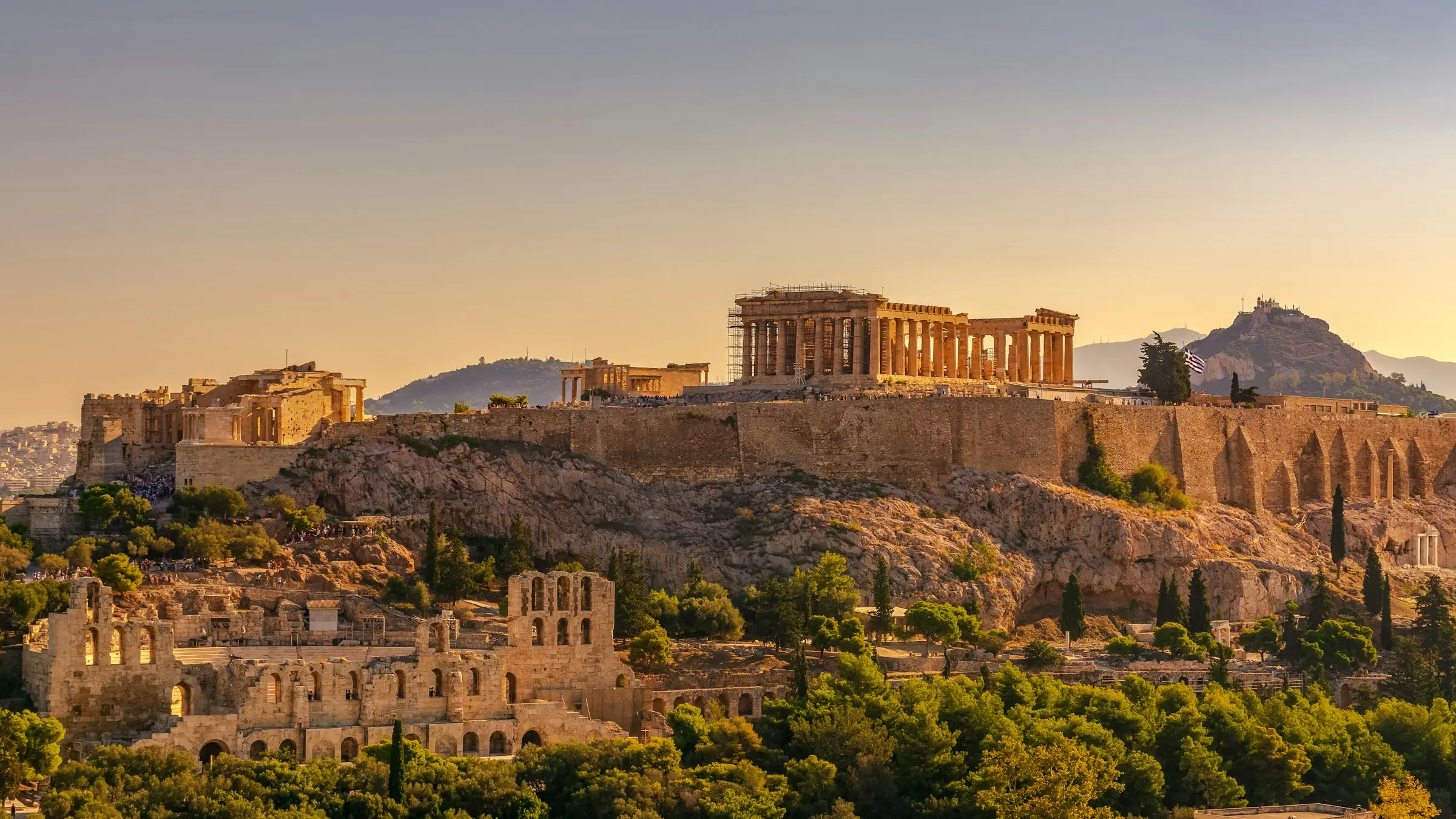 The Acropolis of Athens at sunset, from Filopappou Hill