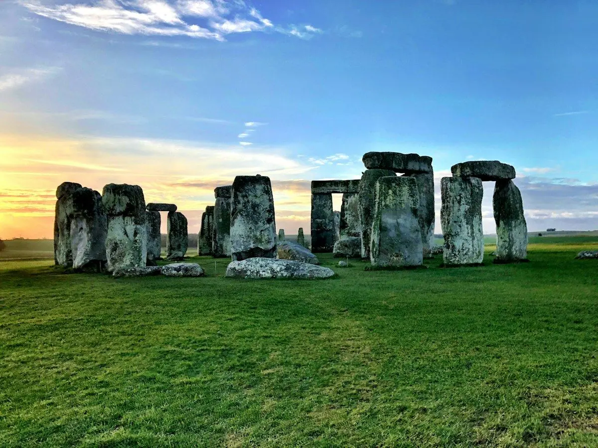 The standing stones of Stonehenge on Salisbury Plain at sunrise