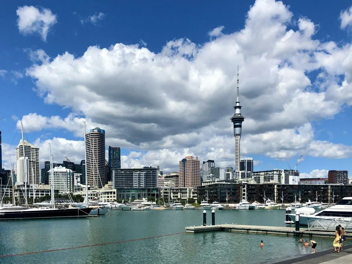 Auckland's Sky Tower and city centre from Viaduct Harbour