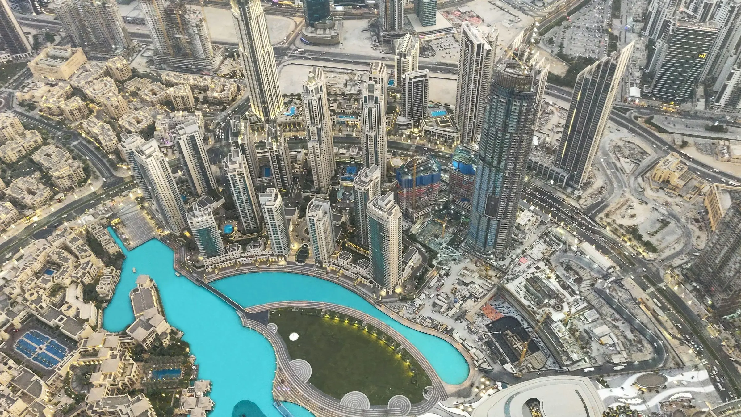 Downtown Dubai and the Burj Khalifa Lake, seen from the top of the Burj Khalifa