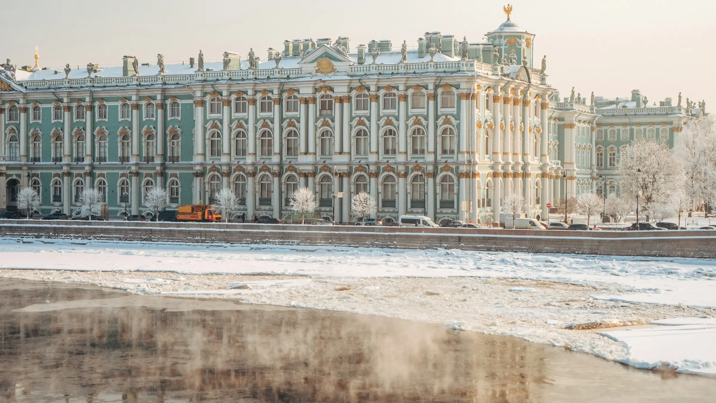 The Winter Palace beyond the frozen Neva in St Petersburg