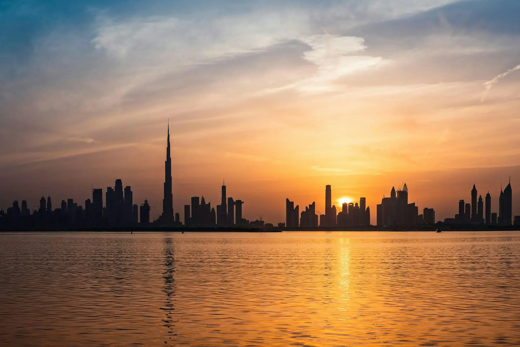 The Dubai skyline and Burj Khalifa at sunset