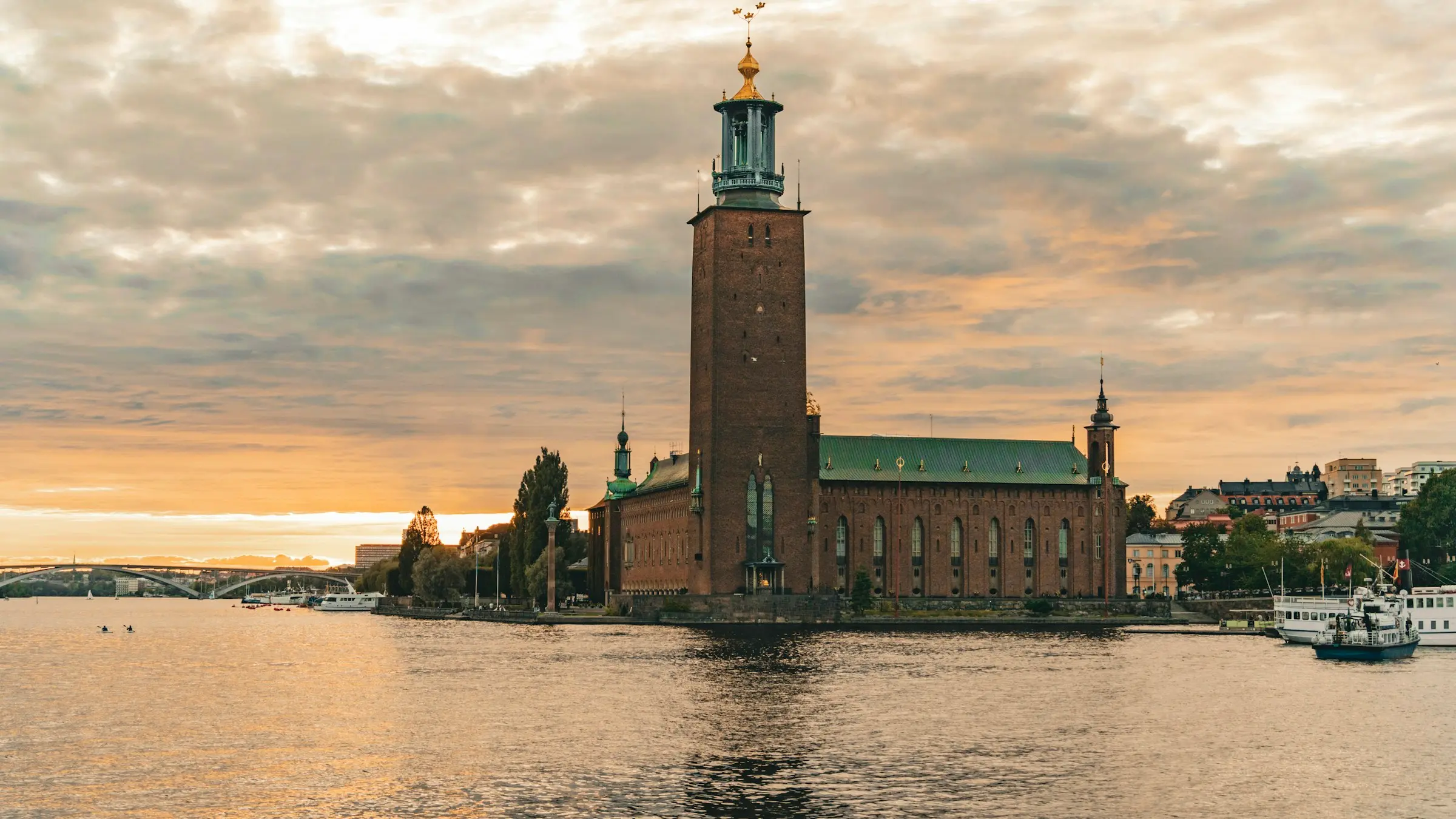 Stockholm City Hall on the water in the evening light