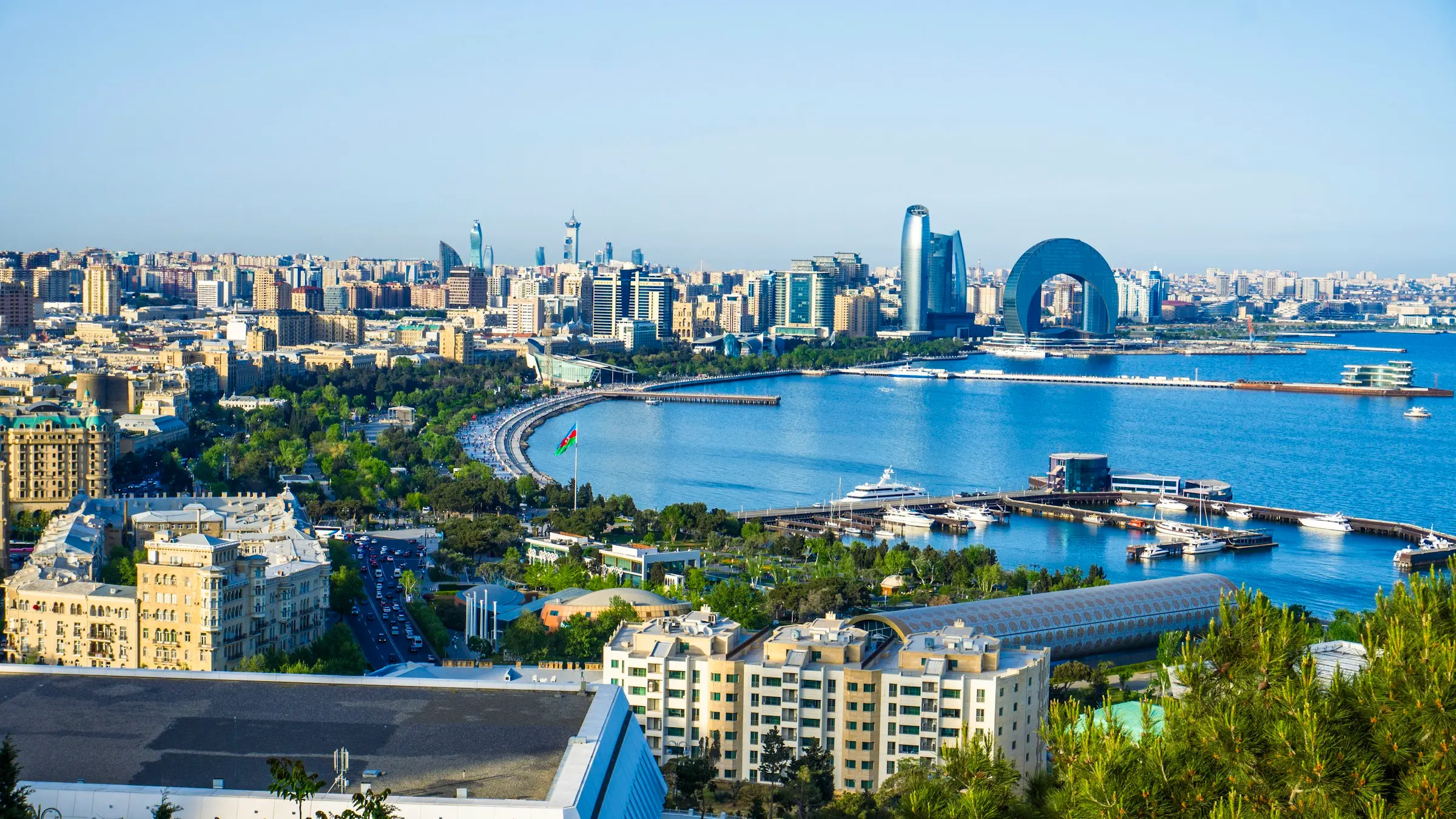 Baku Bay and the seafront boulevard from the hills above the city