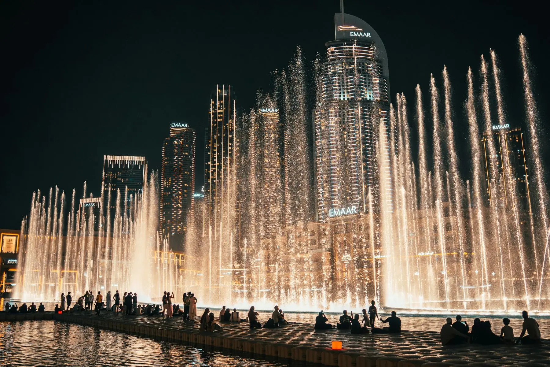 The Dubai Fountain at night, below Address Downtown