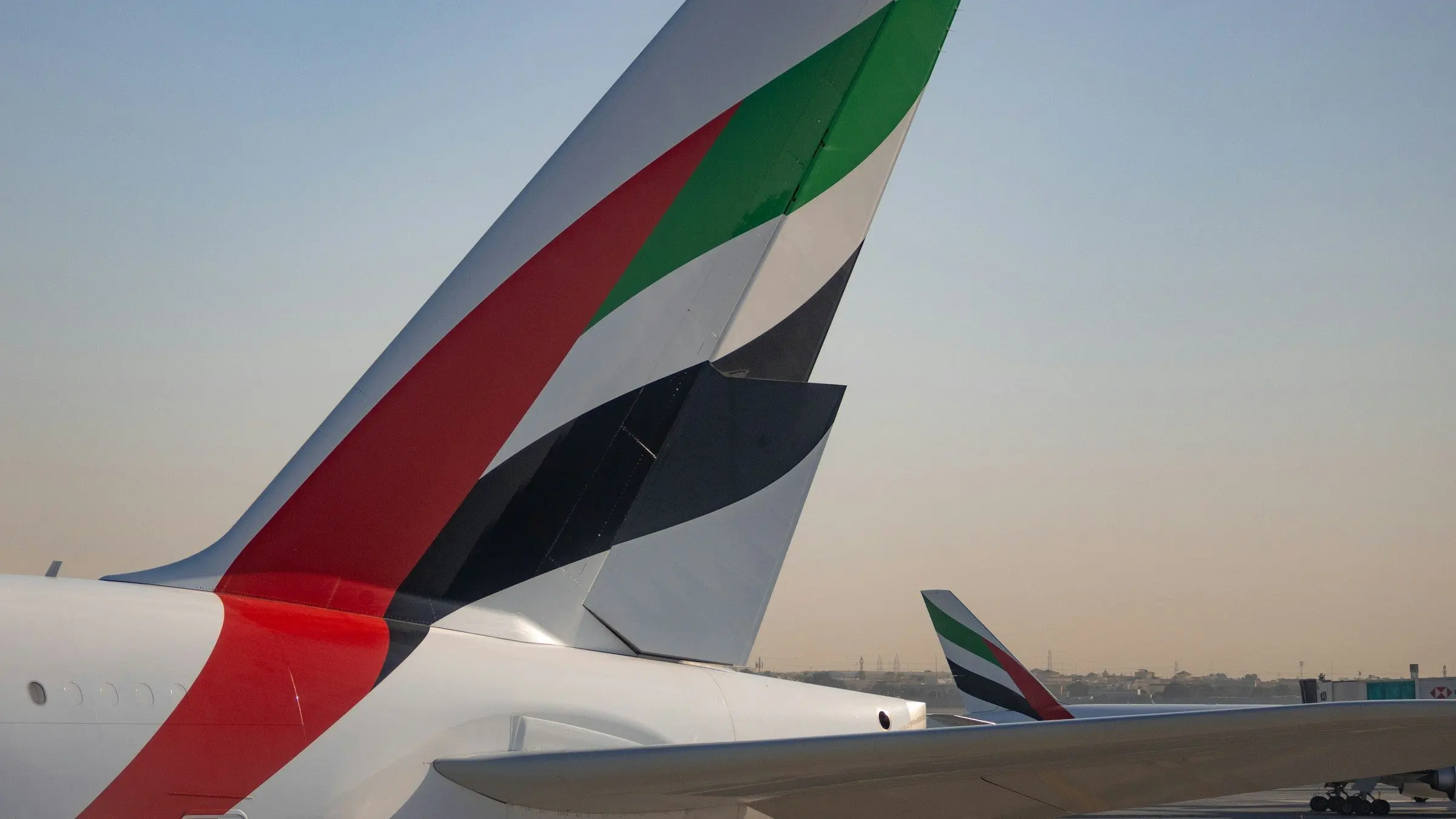 Emirates tail fins on the apron at Dubai International Airport's Terminal 3