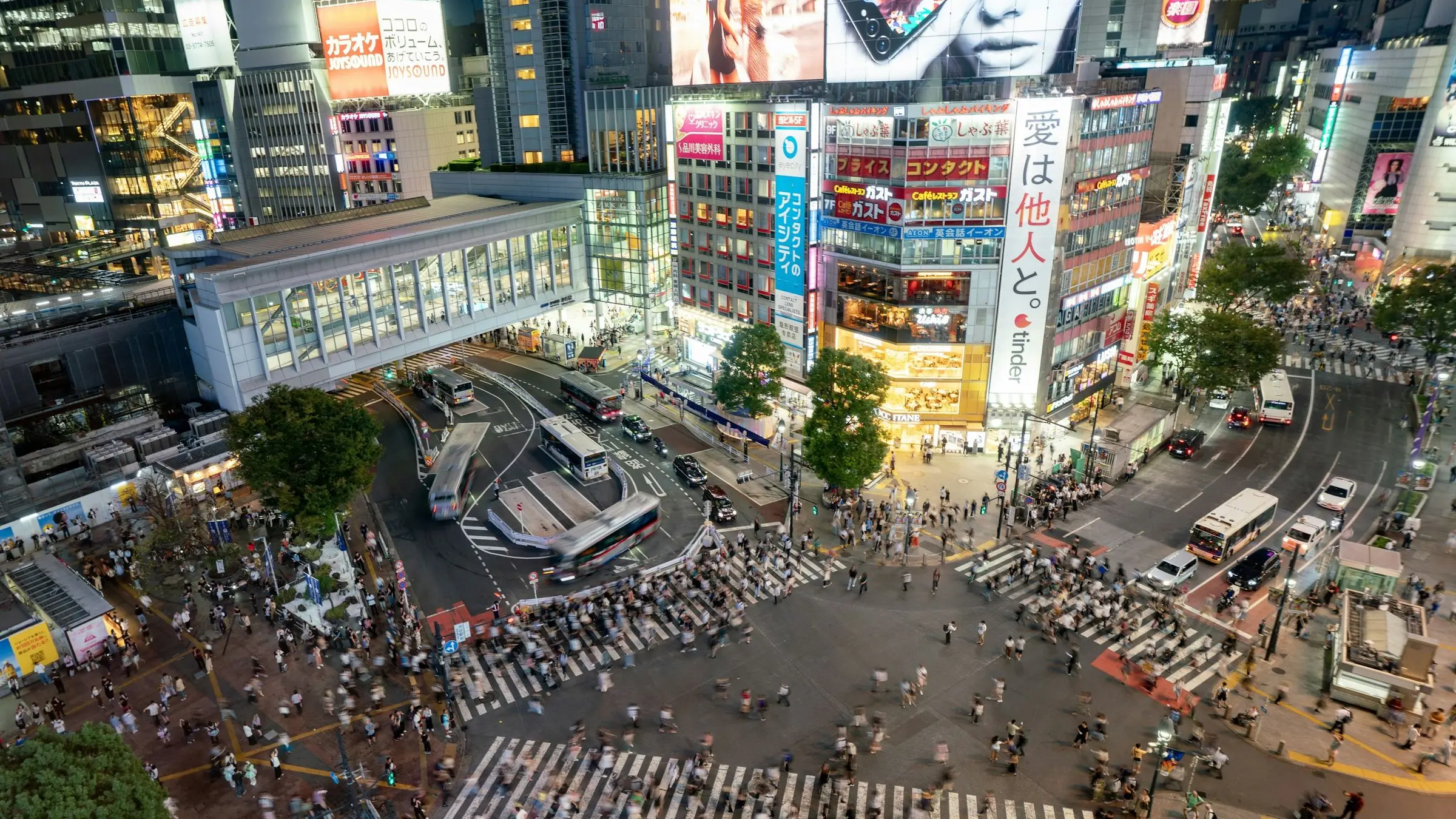 The Shibuya scramble crossing in Tokyo, from above