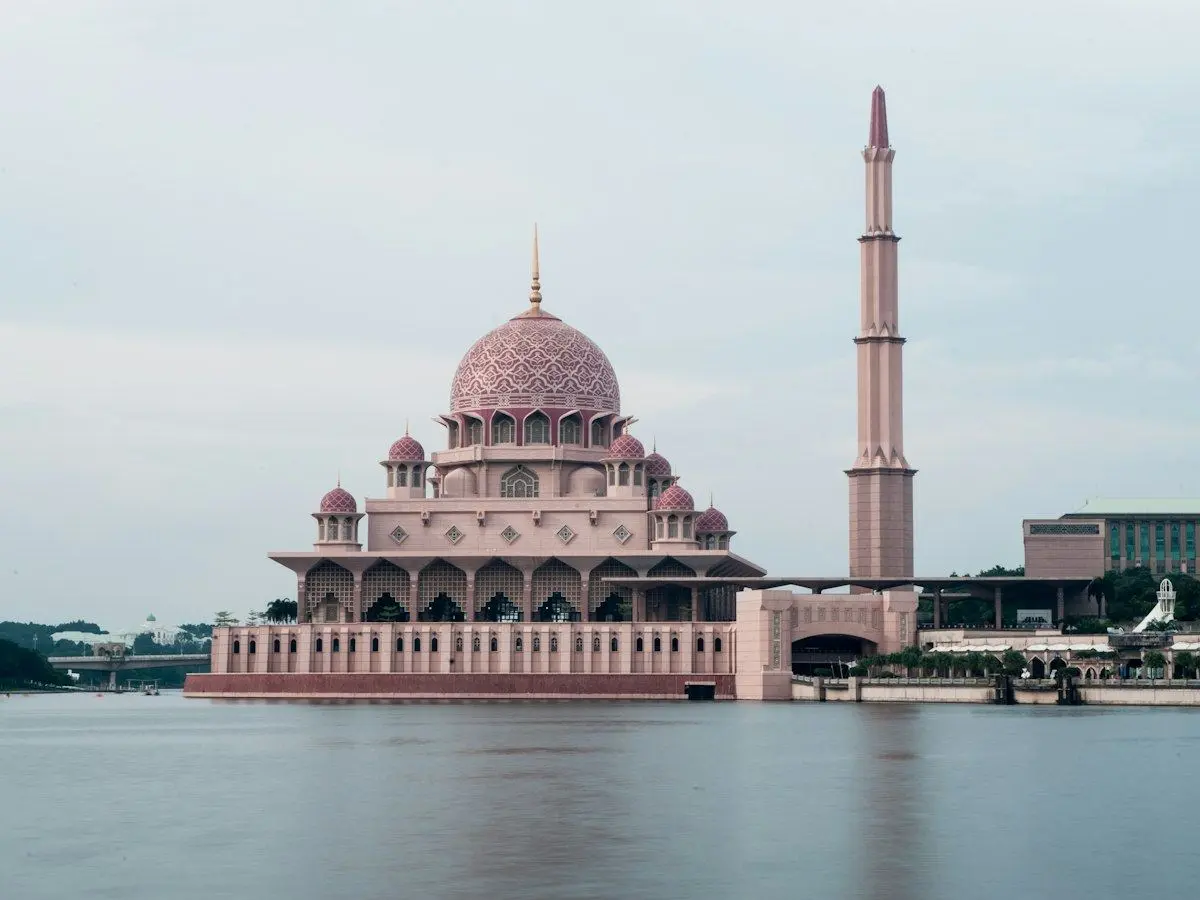 The pink-domed Putra Mosque on the lake in Putrajaya