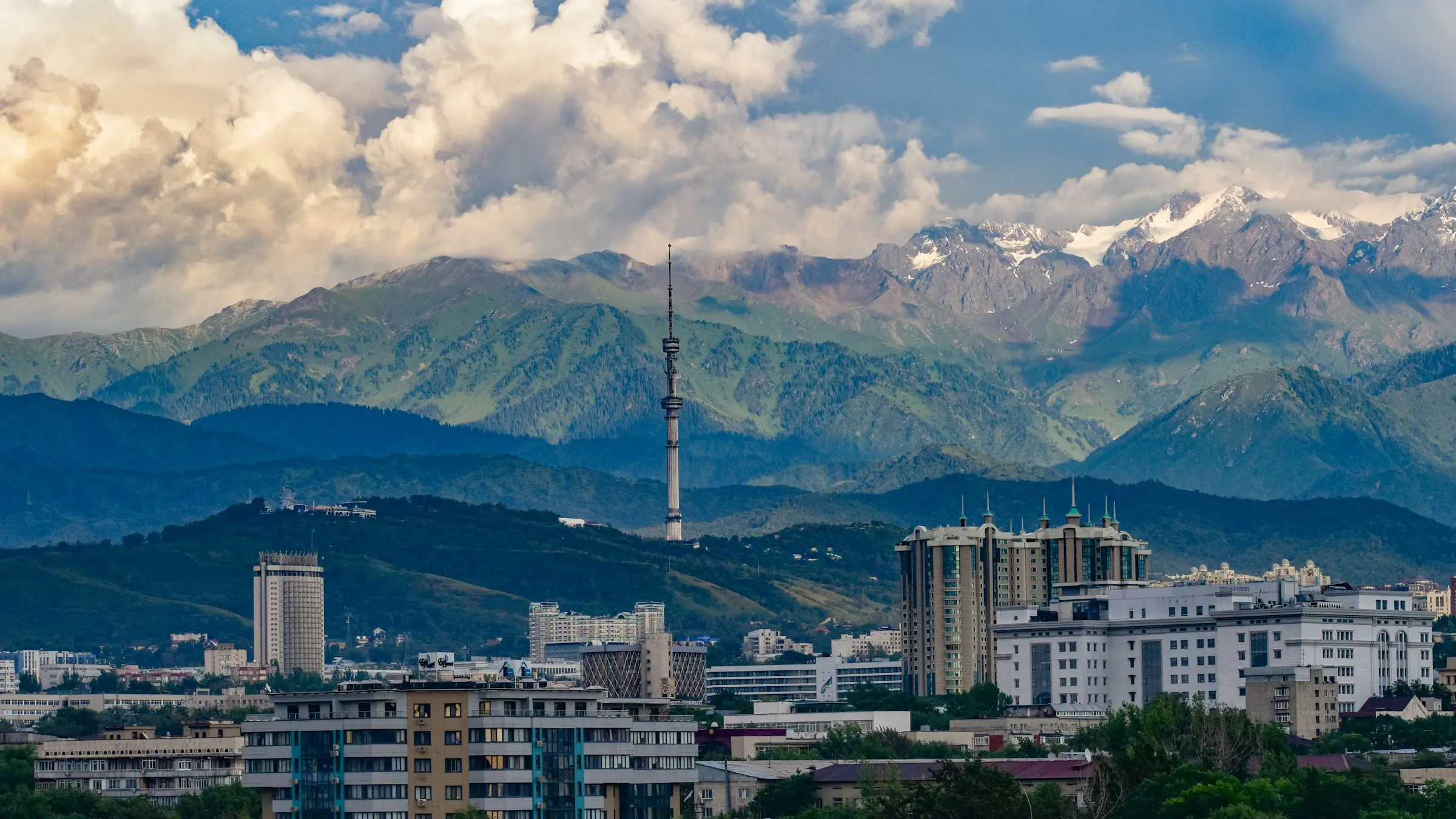 Almaty and the Kok-Tobe TV tower under the snow-capped Trans-Ili Alatau, Kazakhstan