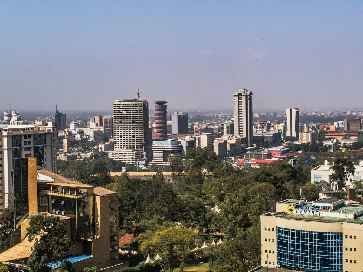 The Nairobi skyline rising above the trees of the city centre