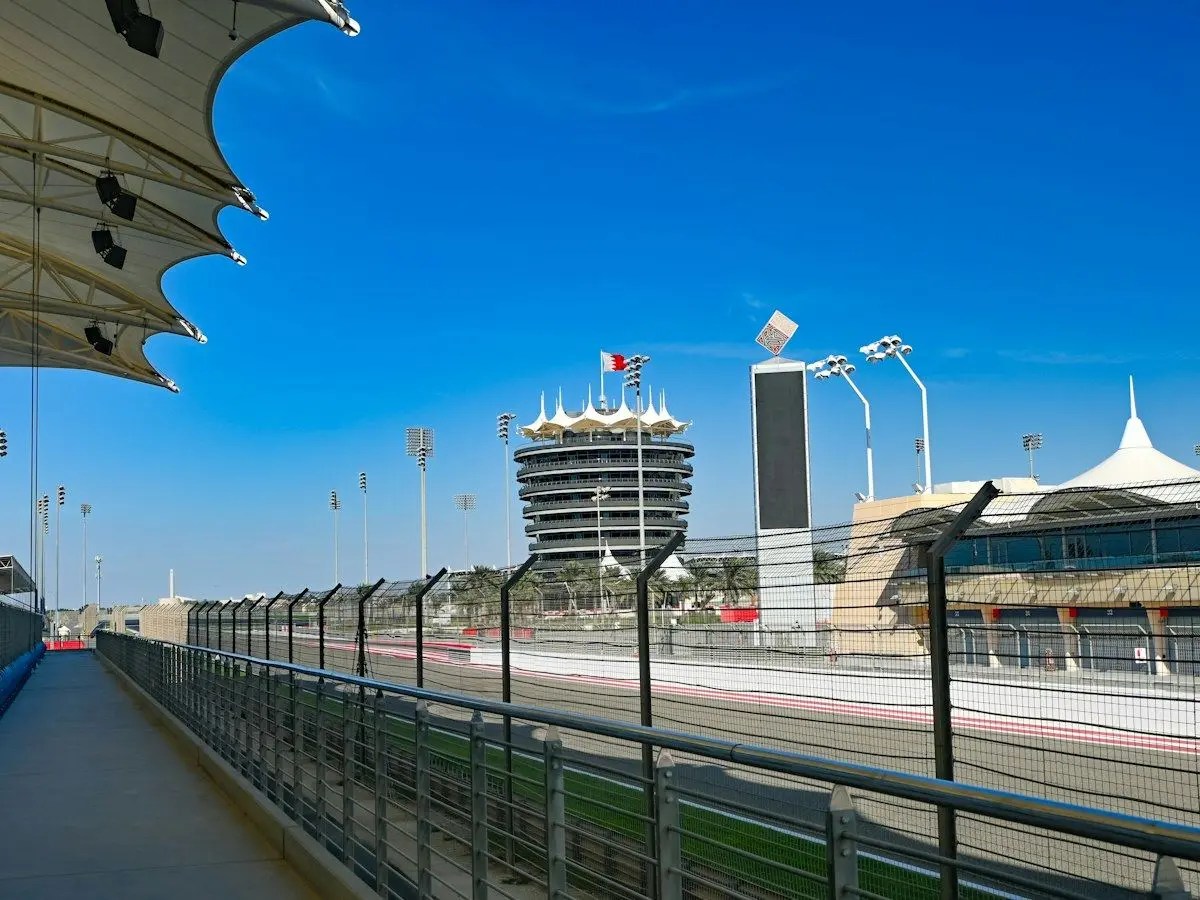 The grandstand and tower at Bahrain International Circuit in Sakhir