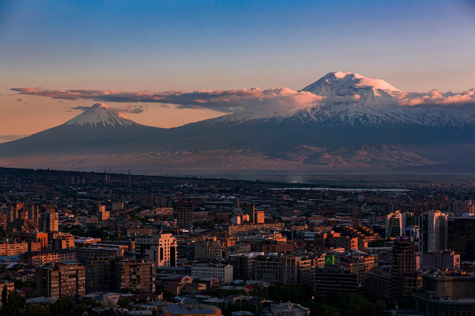 Mount Ararat rising above Yerevan at sunset