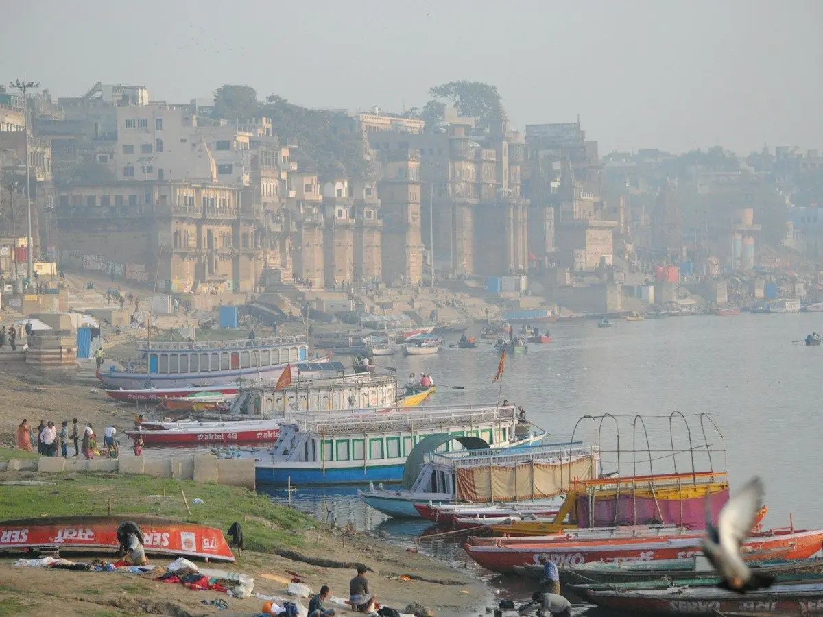 Boats moored below the ghats along the Ganges at Varanasi