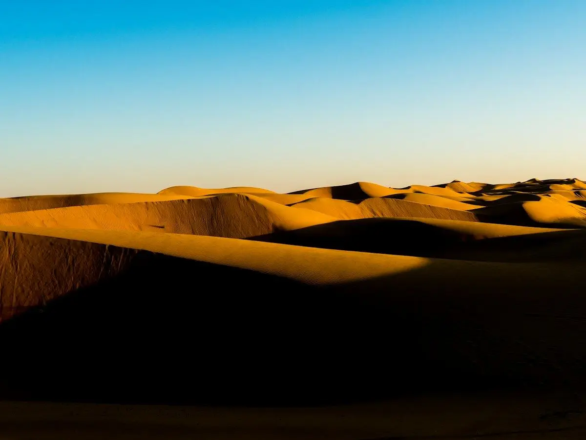 Golden dunes of the Wahiba Sands at dusk