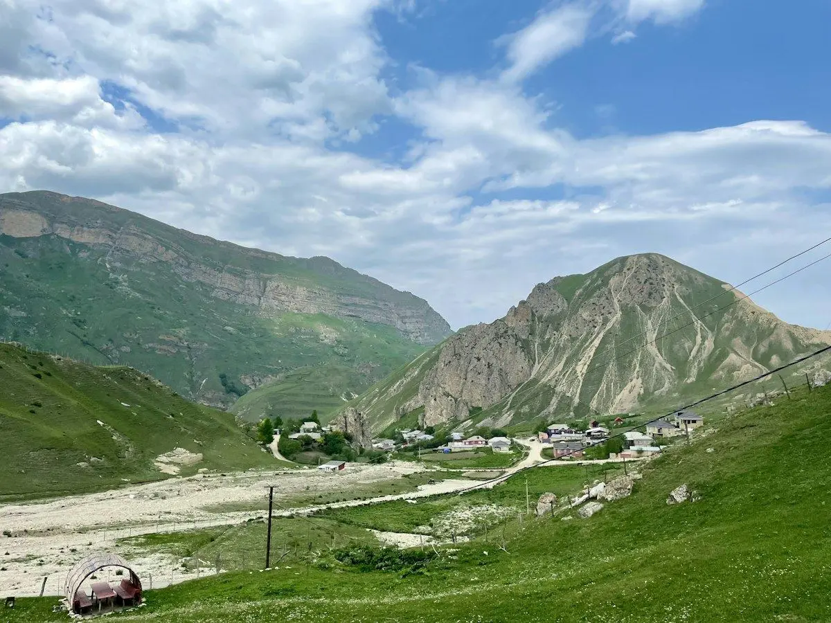 A green valley below the mountains around Laza in northern Azerbaijan
