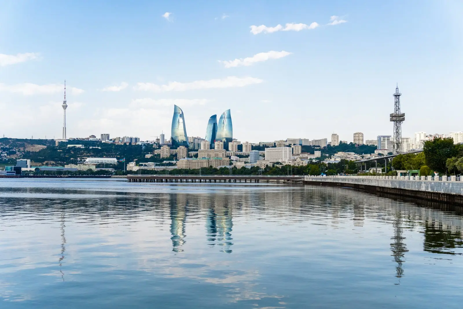 The Flame Towers across the bay in Baku, reflected in the Caspian Sea