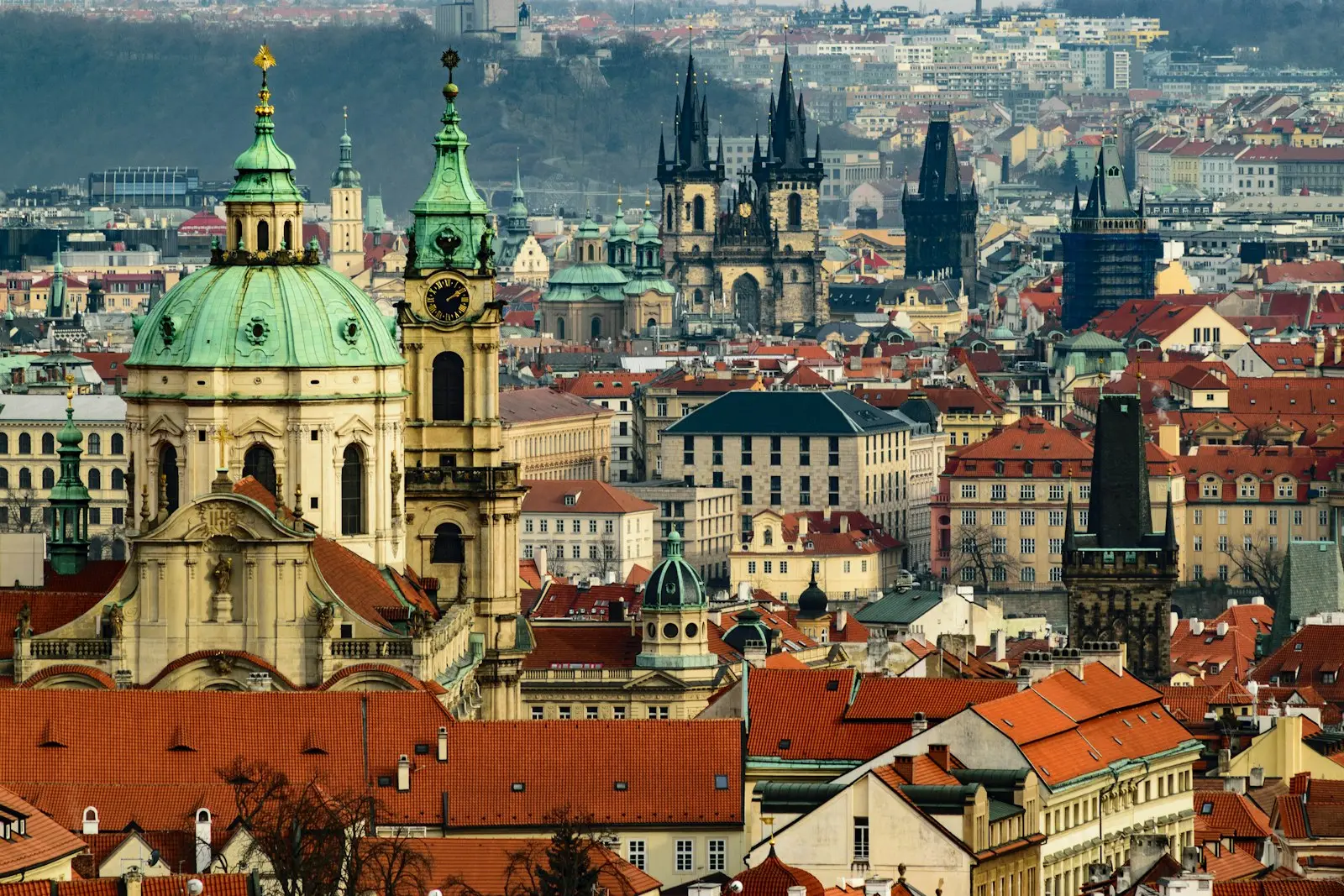The red rooftops and spires of Prague's Old Town