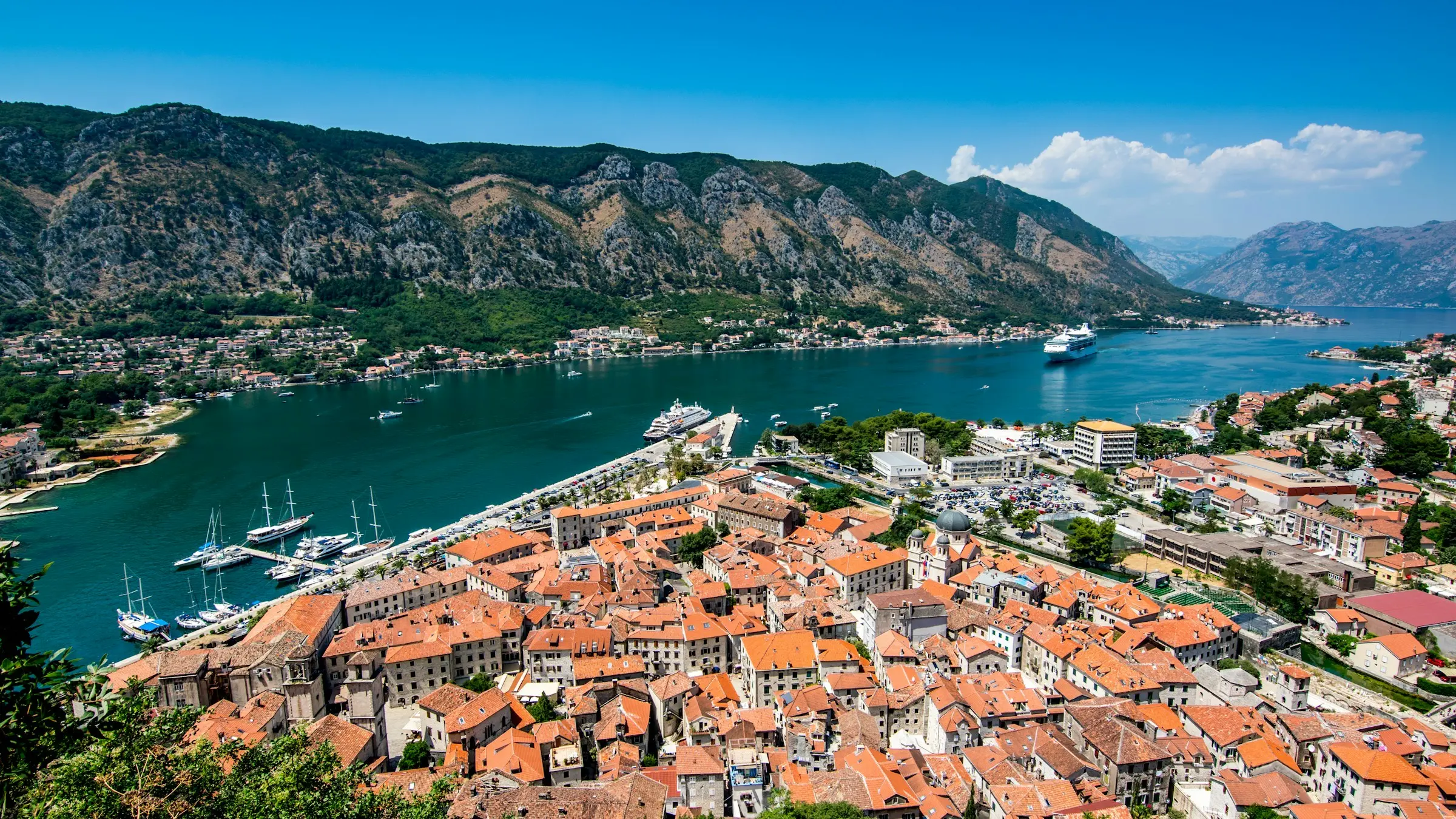 Kotor old town and the Bay of Kotor, Montenegro, seen from the fortress walls