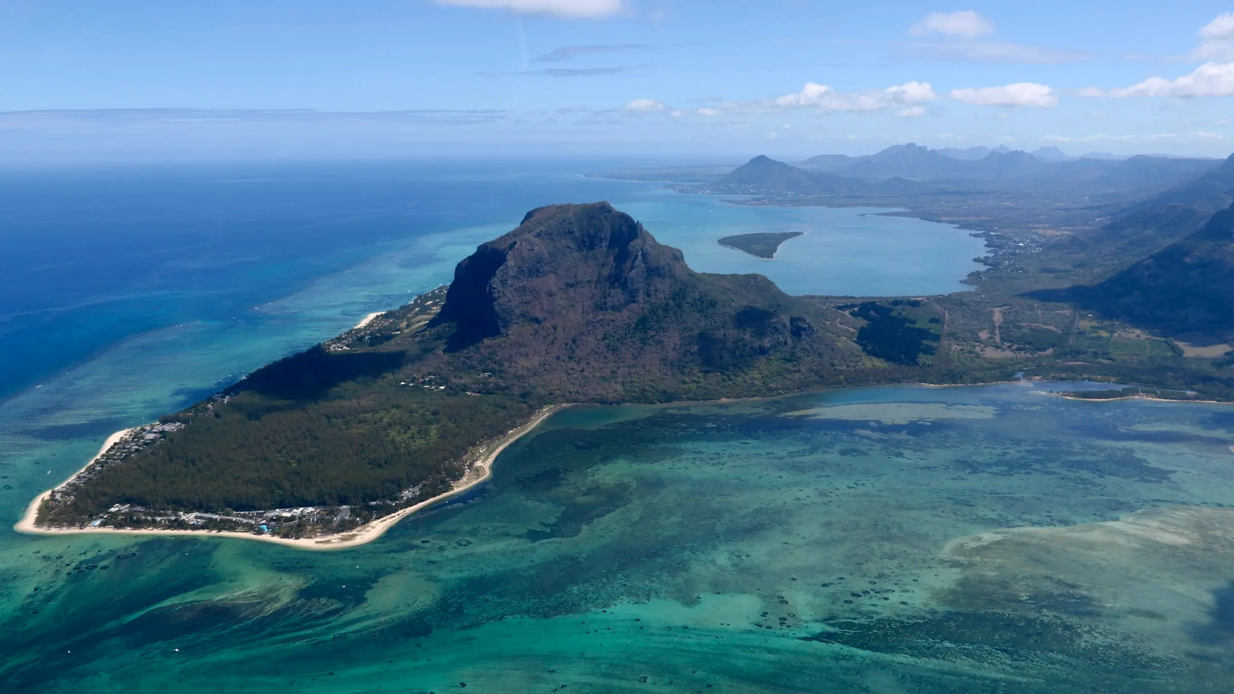 Le Morne Brabant and its lagoon from above, on the south-west tip of Mauritius