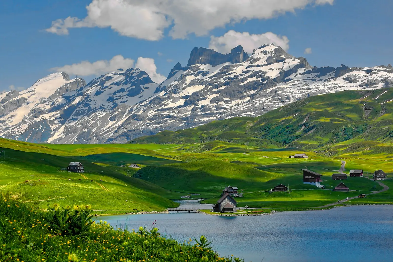 Snow-capped peaks above a Swiss mountain village
