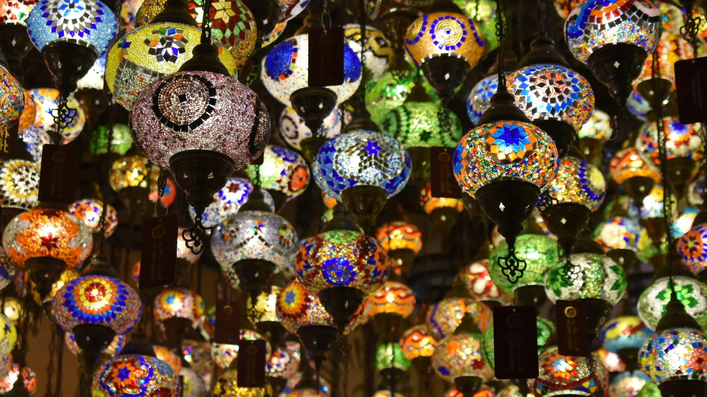 Glass mosaic lamps hanging in Souk Madinat Jumeirah, Dubai